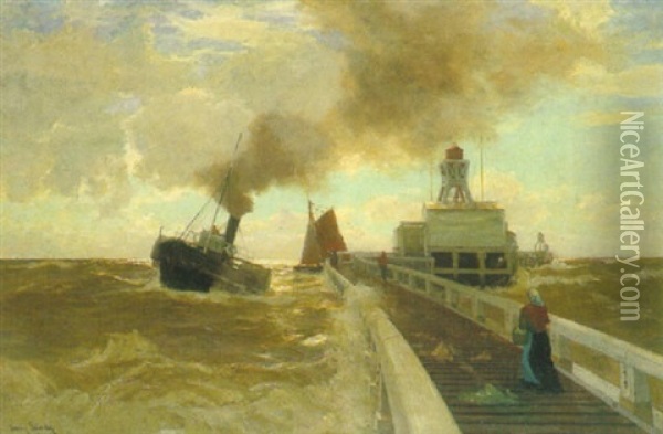 Dampfer Und Fischewer An Einer Langgestreckten Mole (cuxhaven?) Oil Painting - Erwin Carl Wilhelm Guenther