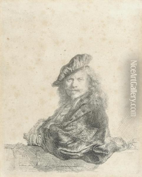 Self Portrait Of The Artist Leaning On A Stone Sill Oil Painting - Rembrandt Van Rijn