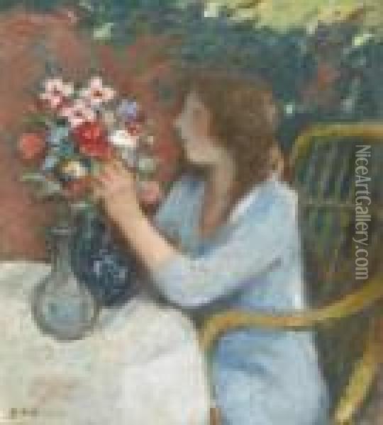 Madchen Mit Blumenstrauss. Oil Painting - Georges dEspagnat