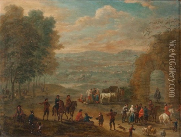 Cavaliers Et Paysans Pres D'une Porte En Ruine Et Entree D'un Village (pair) Oil Painting - Mathys Schoevaerdts