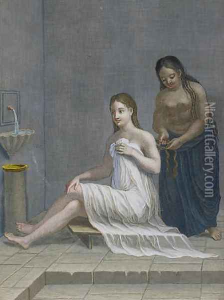 Turkish Girl having her hair braided in the baths Oil Painting - Jean-Baptiste Haussard