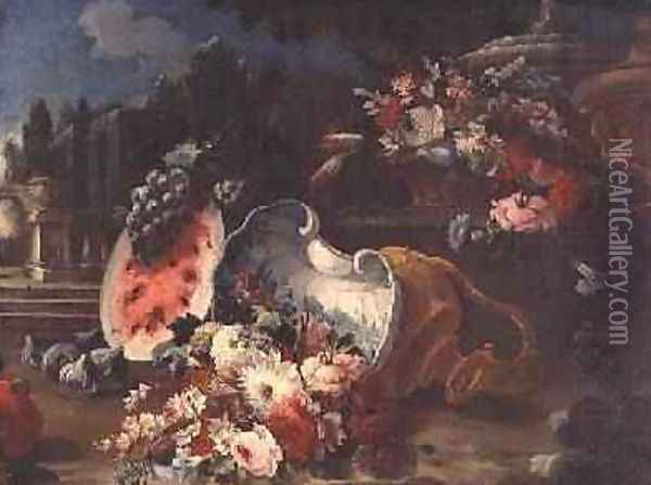 Still life mixed flowers and fruit near a fountain Oil Painting - dei Fiori (Nuzzi) Mario