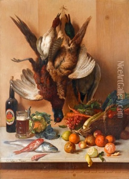 Tabletop Still Life With Game Birds, Ale, Fish, Vegetables And Fruit Oil Painting - Oreste Costa