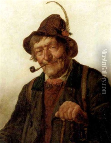 A Bavarian Man Smoking A Pipe Oil Painting - Hugo Kotschenreiter