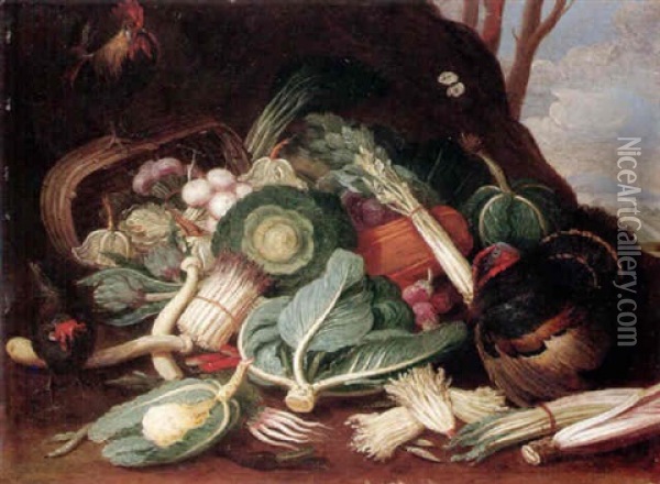 Still Life Of Vegetables, Together With A Turkey, A Cockerel And A Hen Oil Painting - Jan van Kessel the Elder
