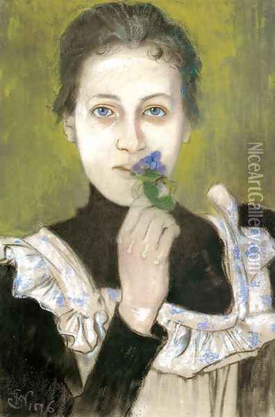 Girl with Violets Oil Painting - Stanislaw Wyspianski