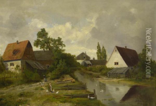 Dorfliches Idyll. Oil Painting - August Albert Zimmermann