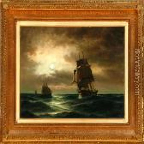 A Frigate In The North Seaby Moonlight Oil Painting - Carl Ludwig Bille