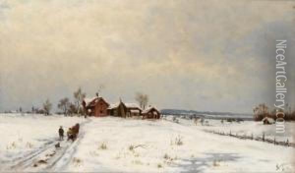 Vinterlandskap Med Gardsbruk Og Folkeliv 1876 Oil Painting - Jacob Oxholm Schiwe Schive