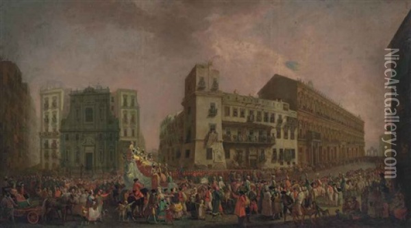 The Carnival In Naples In 1778, With The Procession Of The Turkish Sultan And His Retinue Through The Piazza Del Plebiscito Oil Painting - Pietro Fabris