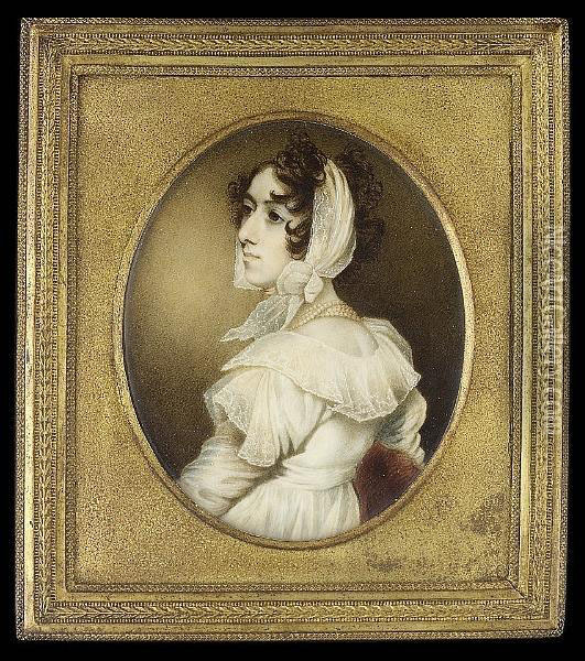Marian Greer (d.1814), Seated On
 A Red Upholstered Chair, Wearing White Dress With Spotted Gauze 
Sleeves, Large Embroidered Collar And Shoulder Caps, Four Strand Pearl 
Necklace And Embroidered White Scarf Tied About Her Head Oil Painting - George Chinnery