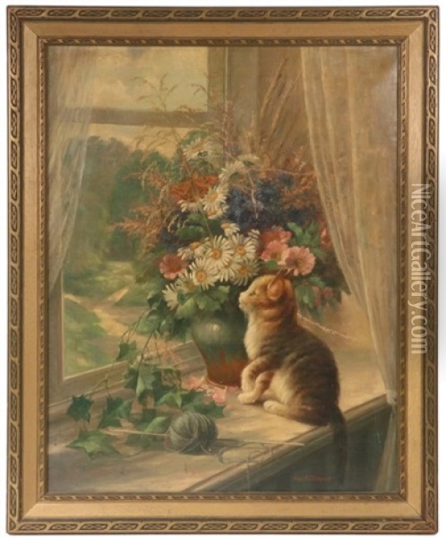 Kitten On Windowsill Stalking A Butterfly In A Wildflower Arrangement Oil Painting - Carl Berndt