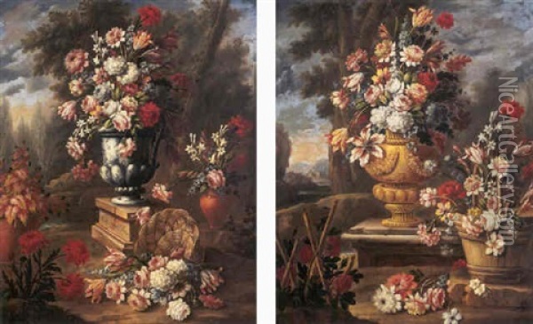 Roses, Parrot Tulips, Delphinia, Hydrangea And Other Flowers In A Porcelain Urn On A Plinth With Other Flowers In A Basket, In A Landscape Oil Painting - Giacomo Nani