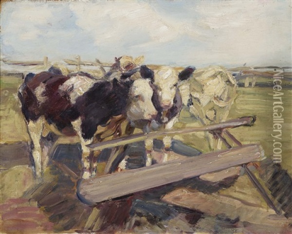 Young Cattle At The Watering. Oil Painting - Heinrich von Zuegel