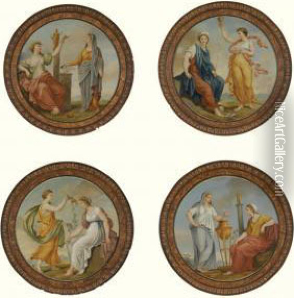 Four Roundels Depicting Classical Figures, Possibly Representing The Four Seasons Oil Painting - Antonio Zucchi