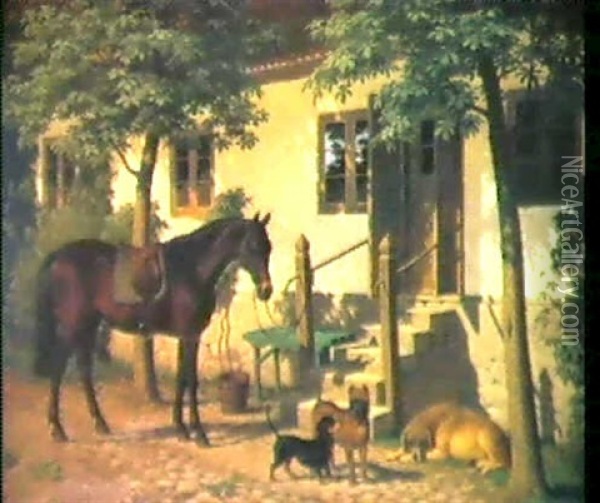 En Opsadlet Hest Og Tre Hunde Ved Trappen Til En            Skovriderbolig Oil Painting - Carl Henrik Bogh