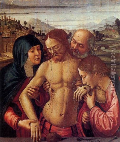 The Dead Christ Supported By The Virgin, Saint John The Evangelist And Joseph Of Arimathea Oil Painting - Davide Bigordi Ghirlandajo