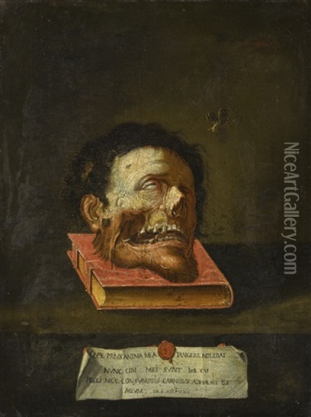 A Decapitated Head Upon A Book, A Macabre Momento Mori Oil Painting - Jacopo Ligozzi
