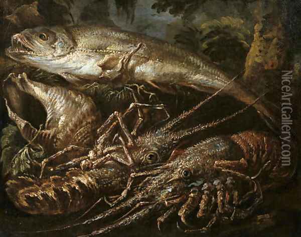 Still-life of two lobsters, a salmon and shells on a forest floor Oil Painting - Felice Boselli Piacenza