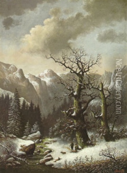 A Mountainous Winter Landscape With Hunters Resting By A Fire Oil Painting - Jakob (von Worms) Becker