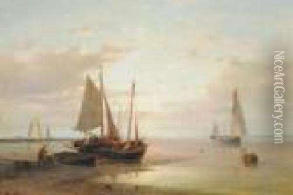 Abendstimmung Mit Segelbooten Und Fischern Amufer Oil Painting - Abraham Hulk Jun.