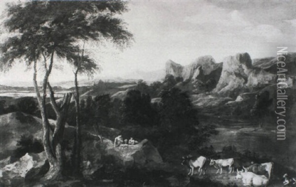 Shepherds In An Arcadian Landscape Oil Painting - Pieter Mulier the Younger
