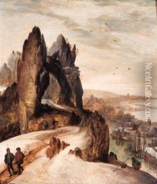 Peasants On A Track In A Mountainous Winter Landscape Oil Painting - Tobias van Haecht (see Verhaecht)