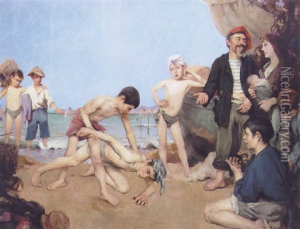 Jeunes Lutteurs Sur La Plage, Au Treport Oil Painting - Albert Aublet