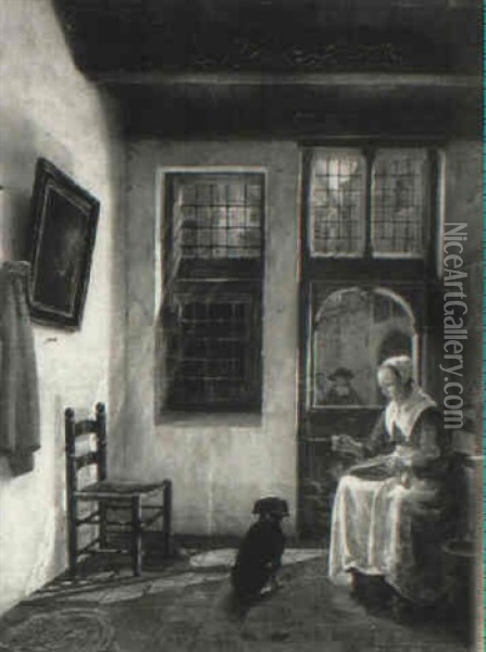 Woman Sewing In An Interior Oil Painting - Lambertus Johannes Hansen