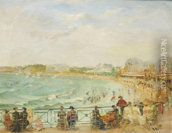 Grande Plage De Biarritz Oil Painting - Henri Loubat