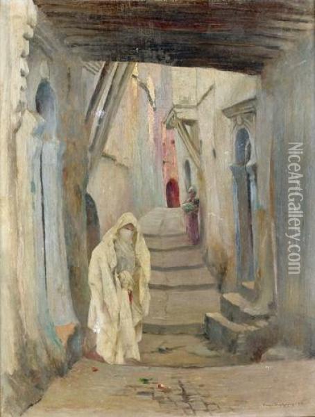 Rue Heliopolis In Der Casbah Von Algier. Oil Painting - Eugene Francois Deshayes