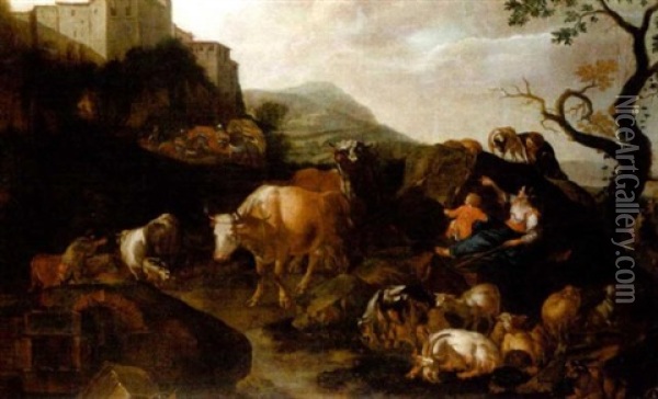 An Italianate Landscape With Drovers And Cattle, A Hilltop Village Beyond Oil Painting - Johann Heinrich Roos