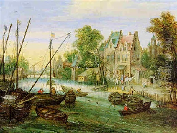 Handels- Und Fischerboote Auf Einem Kanal, Rechts Ein Dorf Oil Painting - Peter Gysels