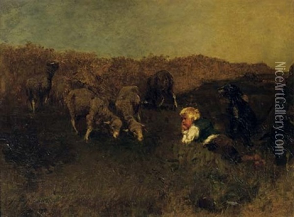 The Little Shepherd And His Sheep Oil Painting - Gregor von Bochmann the Elder
