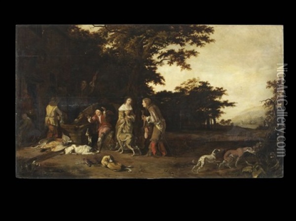 Hunting Party, Resting At An Inn Oil Painting - Abraham Danielsz Hondius