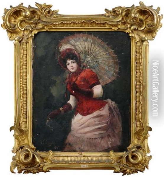 Bildnis Einer Dame In Rotem Kleid Mit Einem Asiatischen Schirm Oil Painting - Vilma Parlaghy