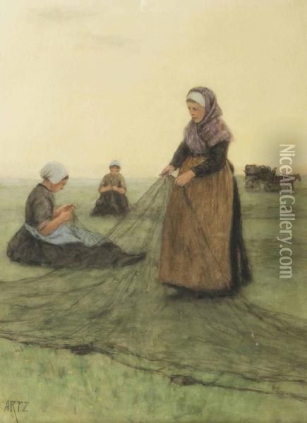 Mending The Nets Oil Painting - David Adolf Constant Artz