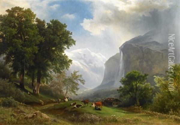 Der Staubach Im Lautherbrunnental Im Berner Oberland Oil Painting - August Friedrich Kessler