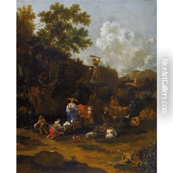 Italienische Landschaft Mit Bauern Am Herkulesbrunnen Oil Painting - Johannes van der Bent