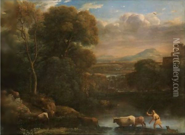An Italianate Landscape With A Drover And His Dog Driving His Cattle Across A Ford, A Waterfall Beyond Oil Painting - Claude Lorrain (Gellee)