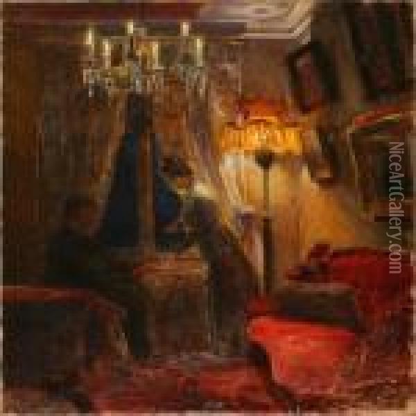 Interior With Acouple Oil Painting - Poul Friis Nybo