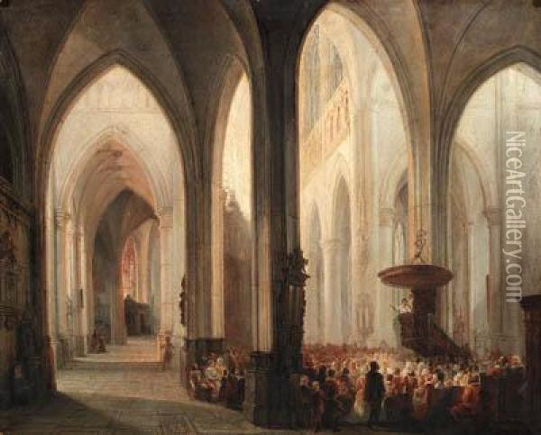 A Service In A Church Oil Painting - Jean-Baptist Tetar Van Elven