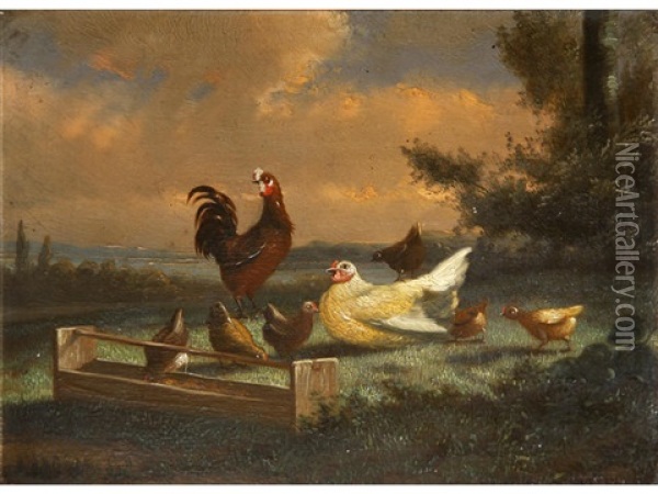 Hens And Chicks In A Field; Ducks And Hens By A Pond; And Another Cockerel And Two Hens In A Barn Oil Painting - Jef Louis Van Leemputten