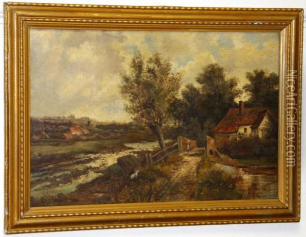 A Riverside Cottage Oil Painting - Abraham Hulk
