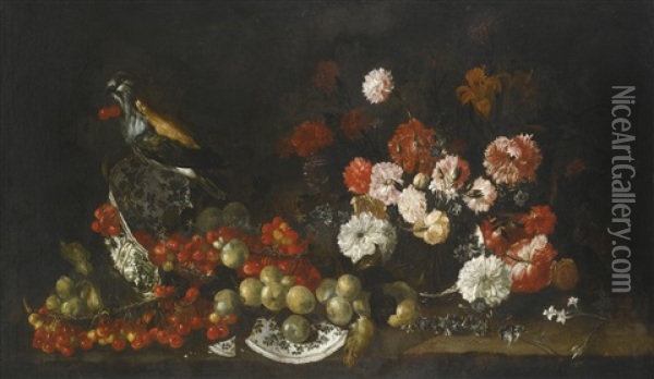 Still Life Of Cherries And Green Plums Spilling From A Broken Porcelain Bowl, An Assortment Of Flowers, And A Bird Oil Painting - Bartolommeo Bimbi