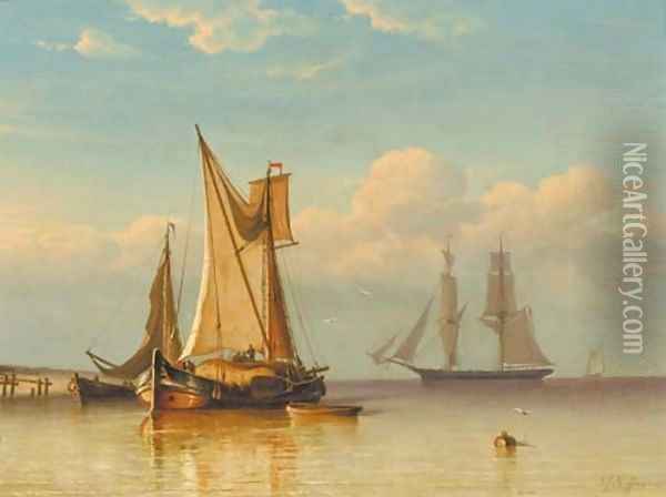 A hay-barge unloading, a Dutch frigat in the distance Oil Painting - Georges Johannes Hoffmann