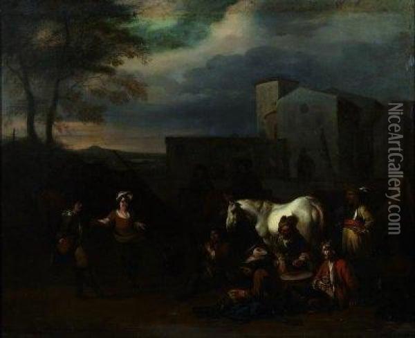 Musikanten Vor Einer Italienischen Klosteranlage Oil Painting - Jan von Huchtenburgh