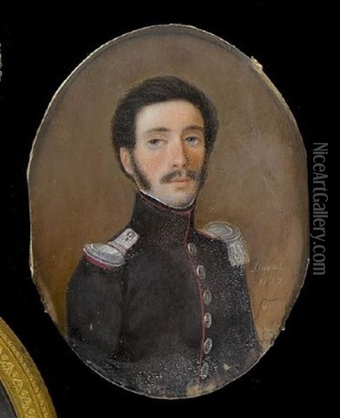 An Officer, Wearing Black Coatee With Silver Buttons And Piped With Red, Epaulette And Contre-epaulette Oil Painting - Charles Duval