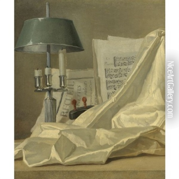 A Bouillette Lamp, A Sheet Of Music, A Violin And A White Satin Cloth On A Stone Ledge Oil Painting - Henri Horace Roland de la Porte