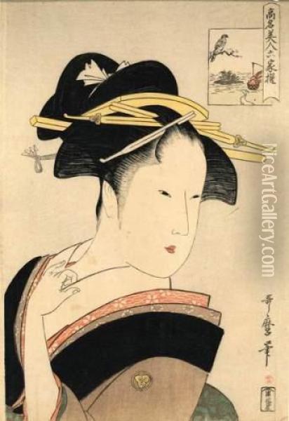 Portrait D'une Jeune Femme En Buste, Tenant Le Tissu De Son Col. Oil Painting - Kitagawa Utamaro